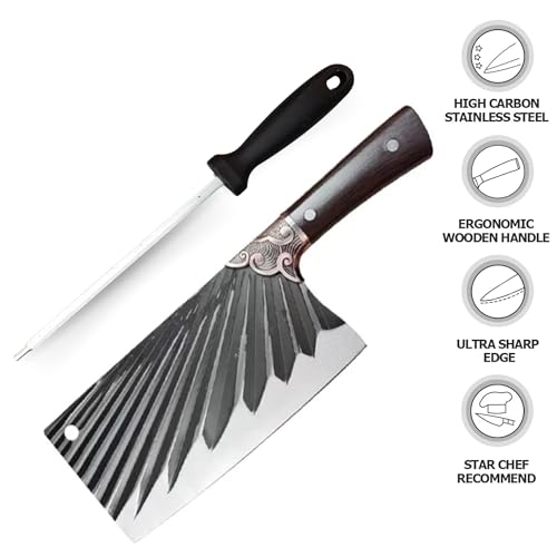 Image of Machado Forging Serbian Chef Knife Set - 12 inch Full Tang High Carbon Clad Steel Butcher Cleaver with Knife Sharpener - Perfect for Vegetables, Fish, Meat - Ideal for Kitchen, Hotel, Restaurant