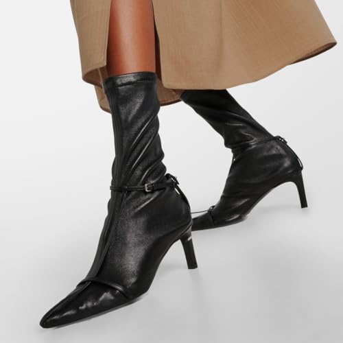 Arqa Leather Sock Boots for Women Closed Pointed Toe Kitten Heel Ankle Boot with Buckle Strap Pull-on Dress Booties4