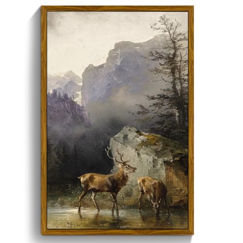 crmotu Vintage Framed Wall Art, Animal Deers Painting Canvas Prints, Mountain Mist Landscape Rustic Home Decorations, Nature Aesthetic Pictures Wall Decor Living Room Bedroom Bathroom Kitchen 16x24in