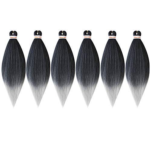 Yisimei Easy Braiding Hair 20 Inches 6 Packs/Lot With Gifts T1B/Silver Professional Pre Stretched Braiding Hair Easy Braiding Crochet Hair Synthetic Hair Extensions (20” 6Packs/Lot, 1B/Silver)