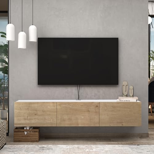Atelier Mobili Oak TV Console, Wall Mounted TV Stand for Up to 75 Inch TV, Entertainment Center with Floating Shelf