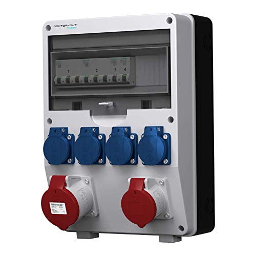 Doktorvolt - Distributore di corrente per edilizia, PTD-S/FI, prese Schuko, 4 x 230 V, 32 A, 16 A, interruttore Fi completo, distribuzione di energia esterna con combinazione CEE