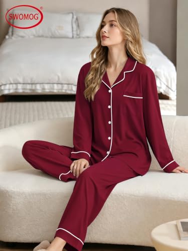 Image of SWOMOG Womens Pajamas Set Long Sleeve Sleepwear Button Down Nightwear Soft Cotton Pj Lounge Sets