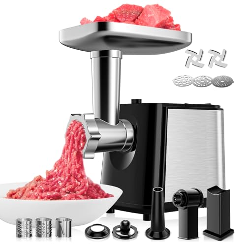 Helangel Picadora de carne eléctrica, 2000W profesional picar Carne para hacer salchichas y kubbe con 3 placas, 3 clicers y embutidora, picadora eléctrica para cocina doméstica