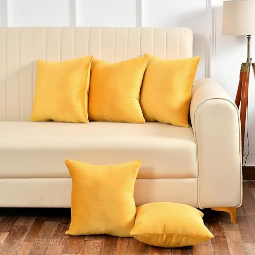 Yellow Weaves Soft Velvet Fabric 250 TC Cushion Cover 18 X 18 Inches, Set Of 5, (Yellow)
