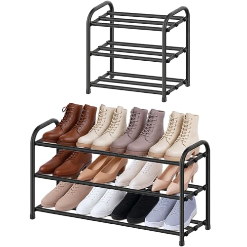 MIKVOYO Meuble à Chaussure Entrée Étroit Extensible 3 Niveaux, Rangement Porte Étagère à Chaussure en Métal Noir 6 à 12 Paires,...