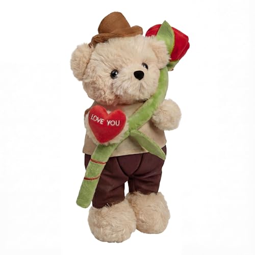 11" Rose Teddy Bear Stuffed Animal - Soft Plush Toy with Red Rose & Heart - Romantic Valentines Day Gifts for Girlfriend Wife, Anniversary Valentine's Mother's Day Present (Premium Cotton Fill)