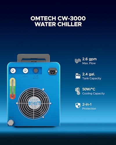 OMTECH 9L Industrial Water Chiller 2.6gpm CW-3000 Water Cooler for 40W K40 CO2 Laser Engraving & Cutting Machines, Water Cooling System Radiates 50W of Heat per Degree C