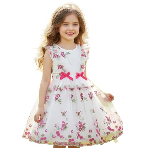Image of Tagas Girls' Knee-Length Dress|Elegant Floral Embroidered Baby Girl Party Dress with Bow|Soft Net Layered Frock for Birthday, Wedding & Festive Occasions|Comfortable & Stylish