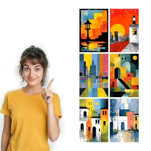 Image of SiddArtify Abstract Cityscape Wall Art Prints Set - Modern Architectural Poster Decor for Living Room Office - 8x12 Sticker Pack of 6