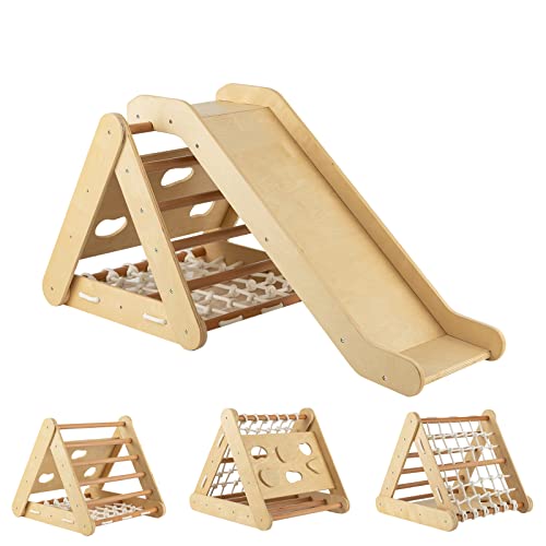 DREAMADE 4 IN 1 Kletterdreieck mit Rutsche und Kletternetz, Holzdreieck Kletterspielzeug aus Holz, Indoor Klettergerüst zum Rutschen und Klettern für Kinder ab 1 Jahr (Natur)