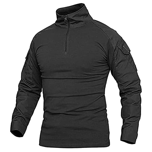 Uugood Chemise de Combat Militaire Tactique Homme - T-Shirt à Manches Longues Camouflage pour Chasse, Airsoft, Randonnée, Paintball - Noir, L