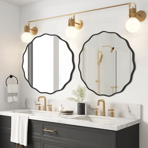 Image of WallBeyond Round Wavy Mirror for Wall Decorative 28 inch, Modern Round Mirror Aluminum Frame for Bathroom Bedroom Living Room Home House Office Entryway, Black
