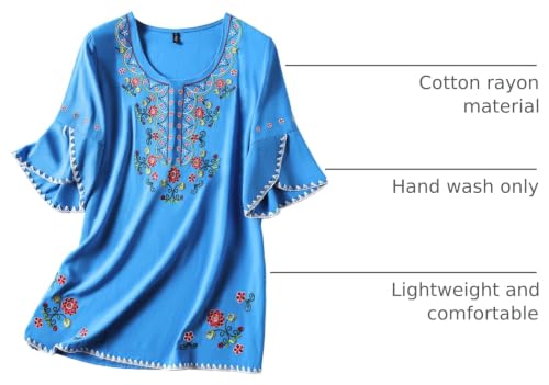 Image of Mexican Shirts Peasant Blouses Cotton Embroidered 3 /4 Sleeve Bohemian Tops Boho Clothes for Women Summer Fiesta