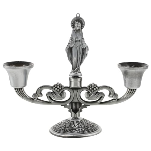 Alipis Candelabra Candle Holder, Crucifix Virgin Pillar Candle Stand 2 Arm Taper Candle Stand Candlestick Holder for Catholic Church Table Centerpiece Decor Sliver