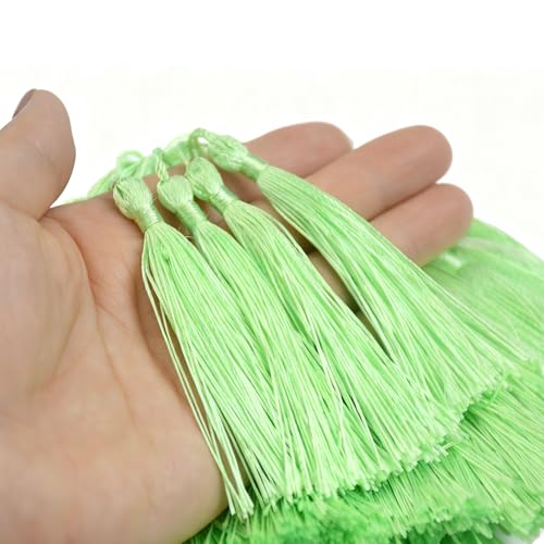 Image of 100pcs 13cm /5 Inch Silky Floss Bookmark Tassels with 2-Inch Cord Loop and Small Chinese Knot for Jewelry Making, Souvenir, Bookmarks, DIY Craft Accessory (Light Green)