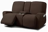 ULTICOR Jacquard Design Reclining Loveseat with Middle Console Slipcover, 8-Piece Stretch Sofa Covers, 2 seat Loveseat Recliner Cover, Washable (Style 3) (Chocolate)