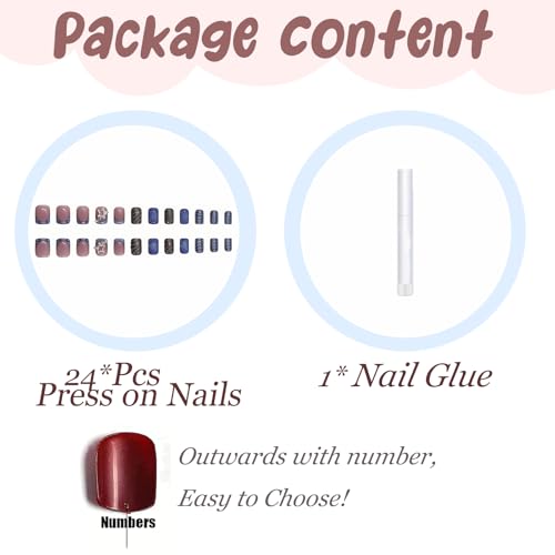 BABALAL Press on Nails Short Square Fake Nails Blue French Glue on Nails 3d Texture Design Goth Acrylic Nails with Star Charm Y2k Goth False Nails 24Pcs Squoval Manicure Gel Nails