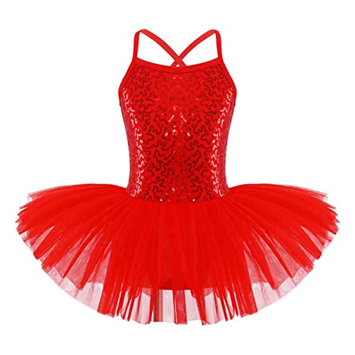 TiaoBug Girls Sequins Camisole Ballet Dance Tutu Dress Gymnastics Leotard Lyrical Dance Dress Performance Dancewear Red 11-12