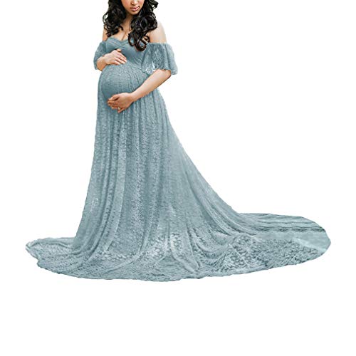 Mxssi Robe de Grossesse, Elégante Off Shoulder Robe en Dentelle Taille Haute Baggy Robe de Maternite pour Shooting Photo Plage Mariage Soireé Cérémonie