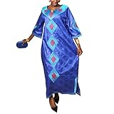 TIDOIRSA African Dresses for Women, 3/4 Sleeves Wedding Dress Embroidery Party Dress with Scarf (XL, Blue)