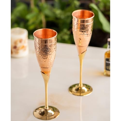 Image of INDIAN ART VILLA Copper Designer Champagne Glass with Brass Stand Set of 2 in Velvet Gift Box, 150 ML Each, Hammered Copper Flutes for Champagne, Cocktails, Parties, Weddings & Luxury Gifting