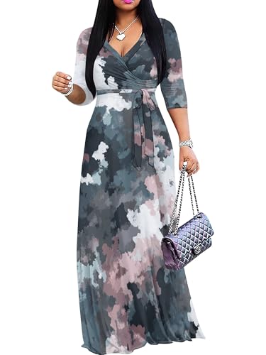 Image of Plus Size Dresses for Women Print Maxi Dresses 3 /4 Sleeve with Belt