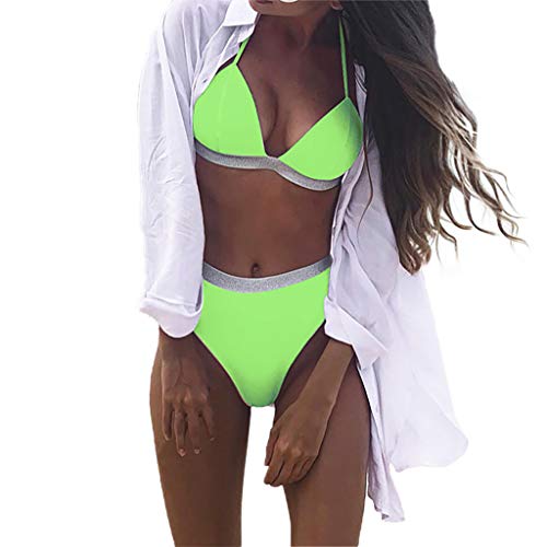 jieGorge Traje de baño sexy para mujer, conjunto sólido de bikini de dos piezas, sujetador relleno, traje de baño, traje de baño, traje de baño, para mujer, control de barriga (verde L)