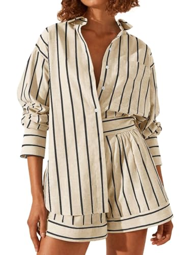 Tankaneo Womens 2 Piece Outfits Striped Long Sleeve Button Down Collared Shirt Matching Shorts Sets