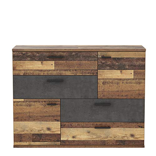 FORTE Skive Kommode mit 2 Türen und 4 Schubkästen, Holzwerkstoff, Old-Wood Vintage Dekor und Betonoptik dunkelgrau, 124.9 x 41.3 x 95.9 cm