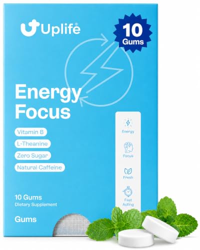 Image of UPLIFE Energy and Focus Gum 10 Pcs - Made in USA - 40mg Nootropic Natural Caffeine + 80mg L-Theanine + Niacin Vitamin B3 & B12 - Sugar-Free, Vegan - Natural Coffee Alternative - Peppermint Flavor