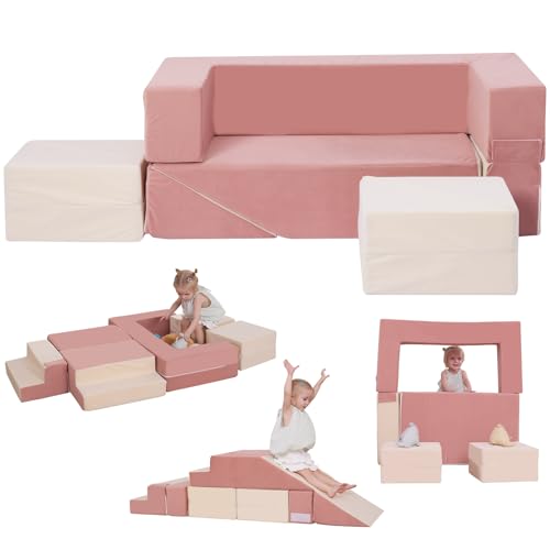 HAHASOLE Kids Couch, Modular Toddler Couch, Kids Sofa with Ottomans, Foam Play Blocks, Climbing Playset with Slide Stairs, Convertible Plush Sofa for Playroom