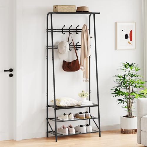 IDEALHOUSE Coat Rack Shoe Bench with 10 Hooks, Hall Trees Entryway Bench with Storage, Multifunctional Hallway Organizer, Wood Look Accent Furniture