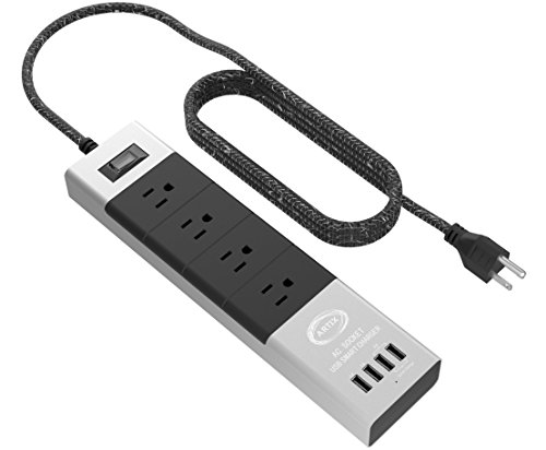 Protector eléctrico Power Strip Surge Protector Artix NRGPower C500, aluminio con salidas protectoras de goma antigolpes, 4 tomas y 4 puertos USB, tecnología iSmart (negro y plata) miniatura 1