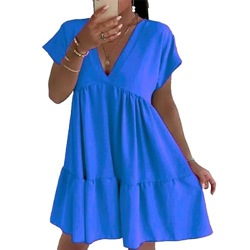 Ladies V Neck Smock Dress, Women's Summer Beach Pleated Swing Mini Dress, Plus Size, UK 24, Royal Blue
