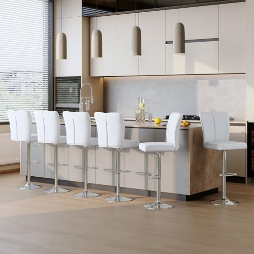 Image of Swivel Bar Stools Set of 6 - White Barstools with Back,Adjustable Counter Height Bar Stools with Sturdy Metal Legs,Leather Counter Height Stools Ideal for Kitchen Island Pub(25''-33''H)