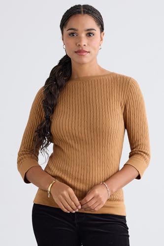 Women's Organic Cotton 3/4 Sleeve Cable Boat Neck Sweater3