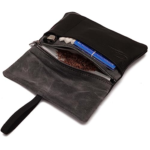 SIMARU Leder Tabaktasche aus pflanzlich gegerbtem Premium Leder, Tabakbeutel mit Filter- und Paperfach, Drehtabak Tasche 30g (schwarz)
