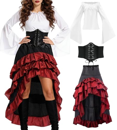 minkasic Mittelalter Piratenkostüm Set Mittelalter Kleid Damen mit Piraten Korsett Oberteil Rock Faschingskostüm für Halloween Karneval Cosplay (Rot, M)