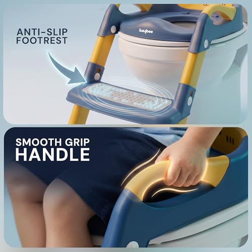Image of Baybee Aura Pro Baby Ladder Potty Training Seat for Kids | Foldable Baby Western Toilet Seat with Adjustable Height, Grip Handle & Backrest | Potty Training Seat Chair for Kids 1 to 8 Years (Blue)