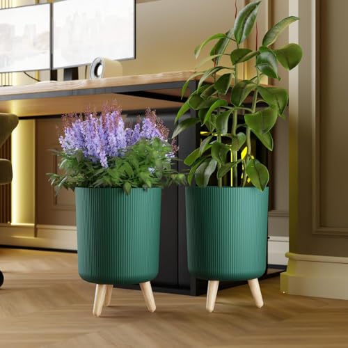 Image of Modern Green Plant Pot with Stand | Ribbed Plastic Flower Planter with Wooden Legs for Indoor Outdoor Home, Balcony & Garden Decor (Pack of 2)