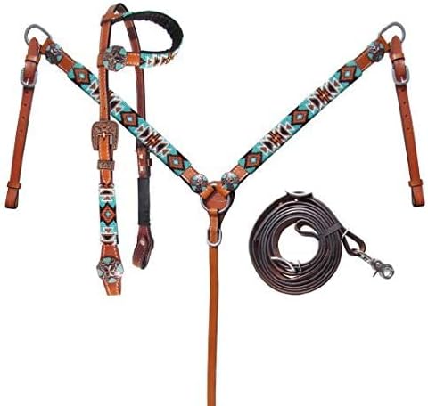 Showman Turquoise & Orange Aztec Design Beaded Headstall & Breast Collar Set