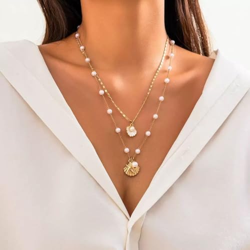 Shell Necklaces for Women 14k Gold Plated Layered Starfish Conch SeaShell Pearl Pendant Charm Necklace Adjustable Stainless Steel Chain Summer Beach Jewelry4