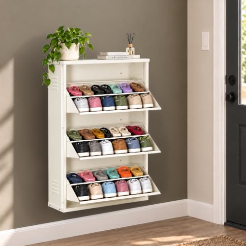 Image of DELITE KOM AIRO 24 inch 6 Shelf Double Decker Metal Shoe Rack Wall Mount for Home with Lock | Air-Vent Panels Keep Shoes Odour-Free | 18 Shoes /30 Slippers | 1Yr Warranty | 41x24x8 Ivory | DIY