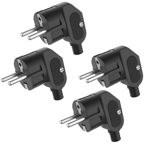 Spina Schuko 4 pezzi, spina europea con beccuccio antipiega, spina angolare Schuko (250 V 16 A) per cavo da 8 a 10 mm, spina Schuko angolata, IP20 per interni (4 pezzi, nero)