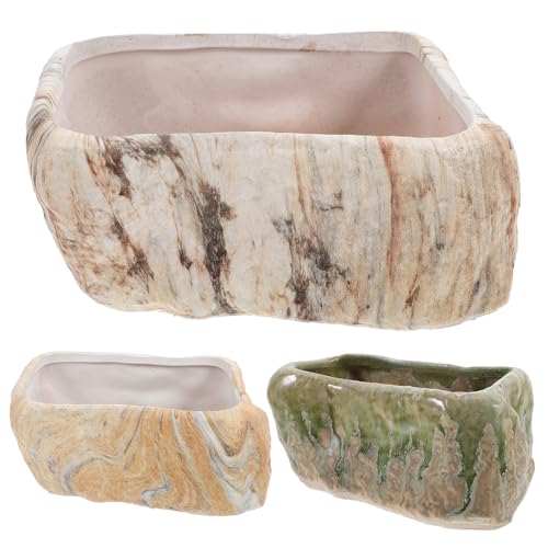 VALICLUD Maceta de Cerámica Rectangular para Suculentas y Cactus 3 Unidades Diseño Imitación Piedra Mini Maceta para Interior Color Neutro para Hogar y Oficina