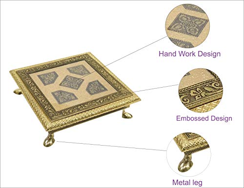Image of Handmade Wooden Pooja Bajot Chowki (20 cm x 20 cm x 5 cm, Gold) N427
