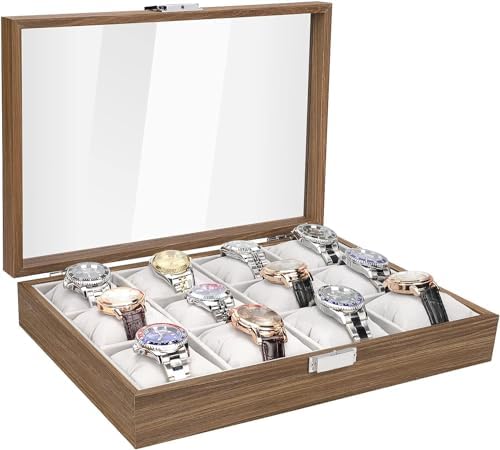 YAMDA Watch Box, Executive 12 Slots Watch Case with Valet, Glass Topped Wooden Watch Display Case Watch Organizer, Watch Box Organizer Watch Case with Glass Top (12 WATCHES SLOT)