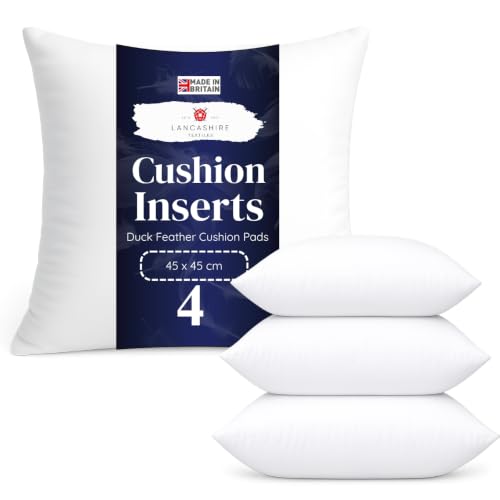 Image of Lancashire Textiles Cushion Pads Generously Filled With Ethically Sourced Duck Feathers Encased In Pure Cambric Cotton Cover 4 Pack 18" x 18" (45cm) - 100% Downproof Cotton Cover - Made in UK