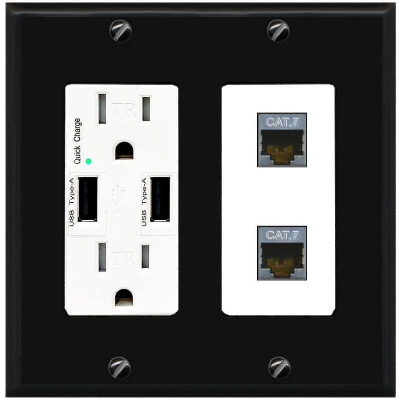 RiteAV 2 Port Cat7 Shielded Ethernet Wall Plate - USB Outlet [Screwless White]